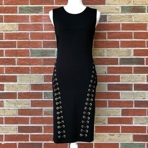 Carmen Marc Valvo Faux Leather Grommeted Black Gold Sleeveless Mini Dress 👗